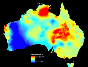 Fig 1. Modelled crustal temperature at five kilometres depth. 