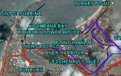 (Click for larger image) Section of Geodata for Bunbury, WA, overlain on Google Earth� (image copyright Geoscience Australia 2007)