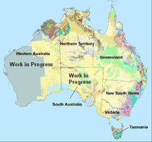 1:1 million scale map of Australia showing surface geology data currently available (image copyright Geoscience Australia 2007)