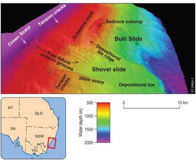 Fig 1.   Slope failure architecture and slipplane geometry of the Shovel Slide. Inset: the survey area off the New South 