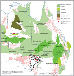Fig 3.   Maps showing hydrocarbonbearing onshore basins of Australia and Archaean/Proterozoic terranes with uranium-rich felsic rocks.