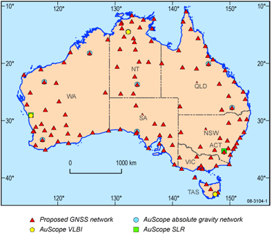 Fig 3. Spatial distribution of  AuScope Geospatial infrastructure. The GNSS and absolute gravity stations are indicative only