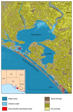 Fig 4. Thermal based classification of  the Coorong and Lower Lakes region. Red areas are groundwater discharge zones.