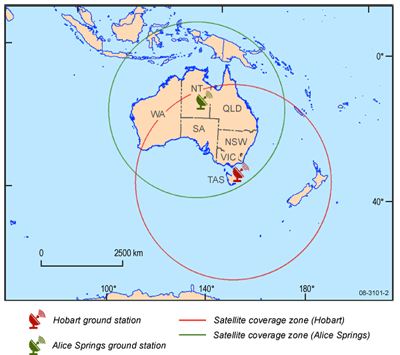 Fig 1. Surveillance areas monitored from Geoscience Australia�s ground stations at Hobart and Alice Springs.