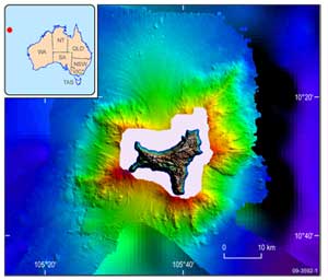 Figure 1. Bathymetry around Christmas Island based on data gathered on the 200809 Geoscience Australia surveys. 