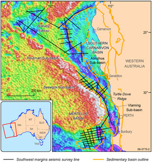 Fig 1. Seismic lines acquired during the Southwest Margin 2D seismic survey by the MV Duke. The background image is Bouguer-corrected satellite gravity data.