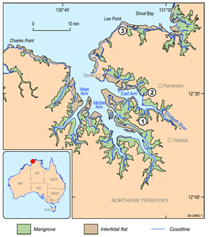 Fig 1. Map of Darwin Harbour showing the extent  
of intertidal mudflat areas and mangroves: (1) the reference creek; (2) Myrmidon Creek; and (3) Buffalo Creek.