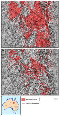 Fig 1. (a) Elevated uranium values relative to background values calculated for crystalline rocks, sedimentary rocks and unconsolidated regolith materials in the southern Mount Isa region. (b) Elevated uranium values relative to background values calculated for individual geological units in the southern Mount Isa region.