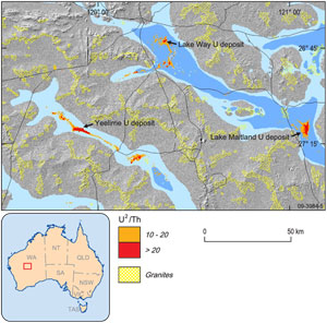 Fig 2. Uranium/thorium ratio (U2/Th) for the Yeelirrie deposit in Western Australia with paleochannels highlighted in light blue.