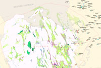 Fig 1. A section of the new 1:3 000 000 scale map of Australian Archean Mafic-Ultramafic Magmatic Events: Yilgarn Craton, Western Australia (Sheet 2 of 2). The Archean greenstone sequences containing potentially mineralised komatiitic rocks are depicted by a green screen for outcrop and stipple for undercover.