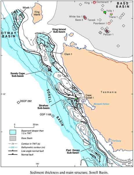 Diagram of the Sorell Basin, showing structural elements and sediment thickness. 
