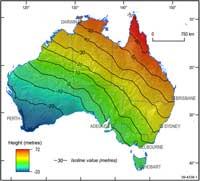 Figure 1. AUSGeoid09 allows GPS users to convert between GPS heights and AHD heights. In southwest Australia, the AHD is up to 33 metres below the ellipsoid and in northwest Australia the AHD is up to 72 metres above the ellipsoid.