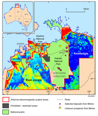 Figure 2. The Pine Creek AEM Survey regions in the Northern Territory of Australia showing selected uranium and mineral deposits associated with example EMflow 40-60 metres and EMflow 45-60 metres conductivity grids from the Woolner�Rum Jungle and Kombolgie survey areas respectively. Cool colours indicate resistive areas while warm colours indicate conductive zones. 
