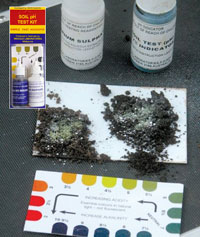Figure 1. Field sampling at the point of collection: Inoculo� field pH kit (inset) and measurement of the pH of two soil samples.