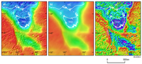 Fig 2. Upward continuation residual filter applied to Bouguer gravity anomaly data for southeastern Australia. The Bouguer gravity anomaly grid at sea level (0 metres; shown at figure 2a) minus the Bouguer gravity anomaly data calculated at 25 kilometres (figure 2b) gives a filtered residual grid of the Bouguer gravity that images the high frequency content of the original data (figure 2c).