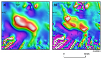 Fig 3. Visualisation of detailed structure of the large total magnetic intensity anomaly located in the middle of the Bass Basin (figure 3a). The UCR filter (0 metres minus 500 metres upward continuation) shows that this large anomaly is made up of a number of separate anomalies which correlate with shallow sills imaged in reflection seismic data (figure 3b).