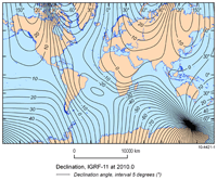 Fig 2. Isogons derived from the IGRF-11 model for epoch 2010.0, the declination contour interval is 5 degrees.