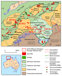 Fig 2. Structural elements map of the Bonaparte Basin showing location of the 2010 Release Areas and petroleum accumulations.
