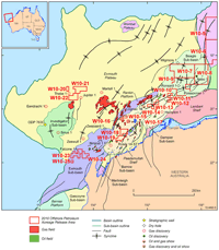 Fig 5. Structural elements of the Northern Carnarvon Basin and adjacent basins showing the 2010 Release Areas, oil and gas accumulations and selected wells.