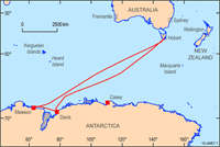 Figure 2. Map showing the location of Davis and Mawson in relation to Australia and the track of the RSV Aurora Australis during Voyage 3, 2009�10..