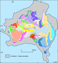 Fig 1. The 1995 Map of Australian Crustal Elements which interpreted the geometries of continent-scale geophysical domains under cover based on magnetic and gravity datasets available at that time. See Shaw et al (1995, 1996) for the colour legend and explanation.