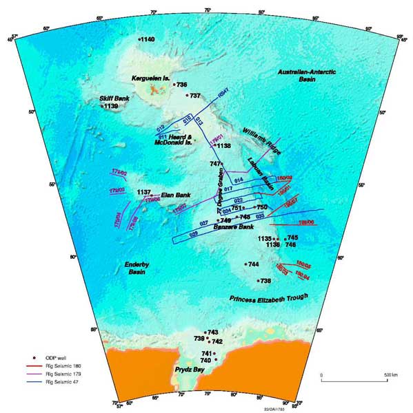  Location image of the Kerguelen Plateau, showing seismic lines within the area. 