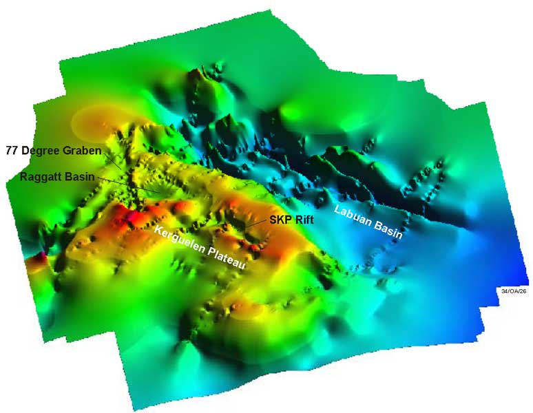  Image showing sediment thickness and basement relief of the Kerguelen plateau. 