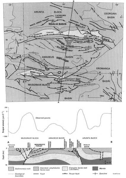 Cross-section and structural elements map of the Amadeus Basin. 