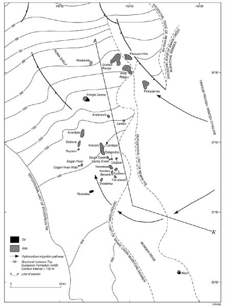  Location map of Bowen Basin cross-section showing hydrocarbon accumulations. 