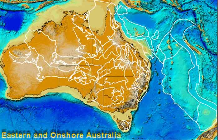 Main location image for the Eastern and Onshore web content, showing bathymetry and basin outlines.