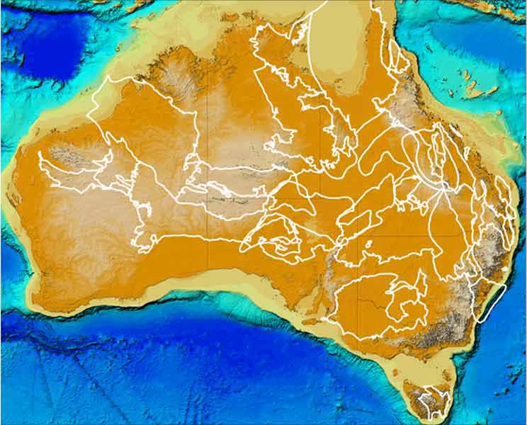 Location image of Eastern/Onshore Australia, showing bathymetry and basin outlines. GA3012