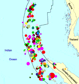 Image showing the location of aftershocks following the 26 Dec tsunami. &copy; Geoscience Australia.