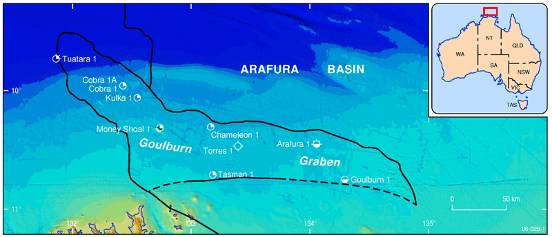 Petroleum exploration wells drilled in the Arafura Basin.