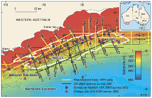 Fig 1.	Datasets used in Geoscience Australia’s Bremer Sub-basin Study superimposed over a bathymetry image.