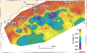 Fig 3. Total sediment thickness map highlighting the main sediment depocentres in the Bremer Sub-basin.