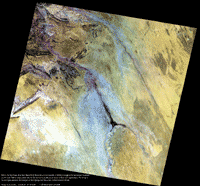 [Click for high-res image] 1st image acquired by GA from CBERS on 7 April 2006. Image is approx 100km east of Alice Springs, Australia. The swath width is around 110km