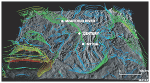 Fig 2. Gravity response upwardly continued from 66 to 220 kilometres to produce the ‘Barramundi worm’ as determined by Hobbs et al (2000).