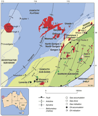 Fig 1. Location map of the hydrocarbon accumulations on the Exmouth Plateau and in the Exmouth Sub-basin.