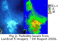 Turbidity levels from Landsat 5 imagery acquired on 04 August 2006 for the dredging area of Hay Point, Queensland. Click for high resolution image 466kb
