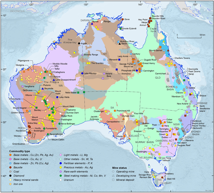 Map of Australia showing major mines and mineral deposits in Australia