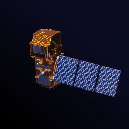 Illustration of golden satellite in dark space with one blue solar panel arm