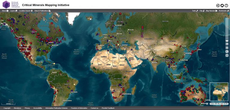 Screenshot of the Critical Minerals Mapping Initiative portal, a free interactive mapping tool designed to share outputs from the geoscientific collaboration between Geoscience Australia (GA), the Geological Survey of Canada (GSC) and the United States Geological Survey (USGS).