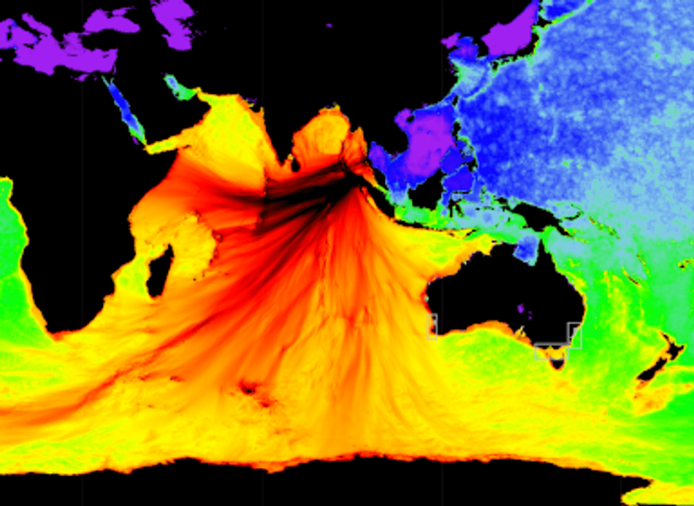 A global map with an Indonesian tsunami scenario superimposed with varying colour to indicated wave intensities
