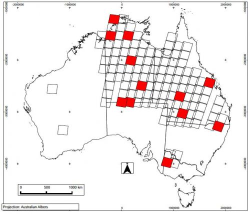 line illustration of Australia with grid overlay over Queensland 