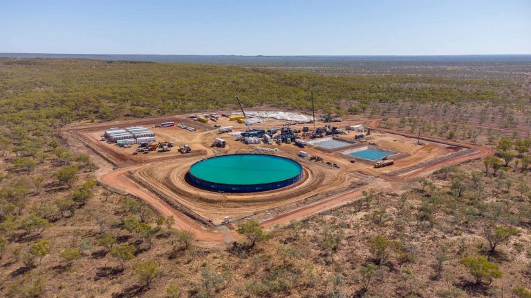 Aerial view of a hydrolic fracturing well in the Beetaloo basin taken by Stephen Hoare