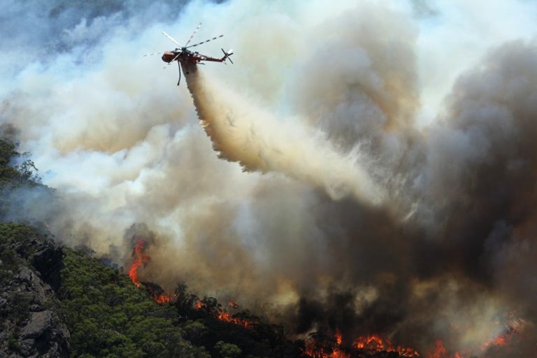 helicopter releasing water over eucalypt forest bushfire