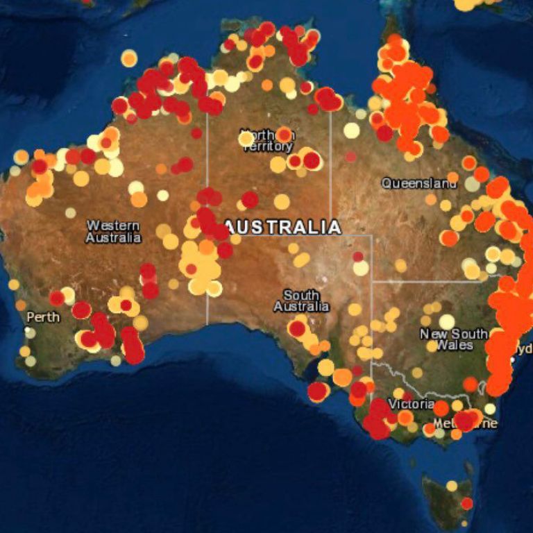 Screenshot of Australian map with red, orange and yellow dots of varying sizes
