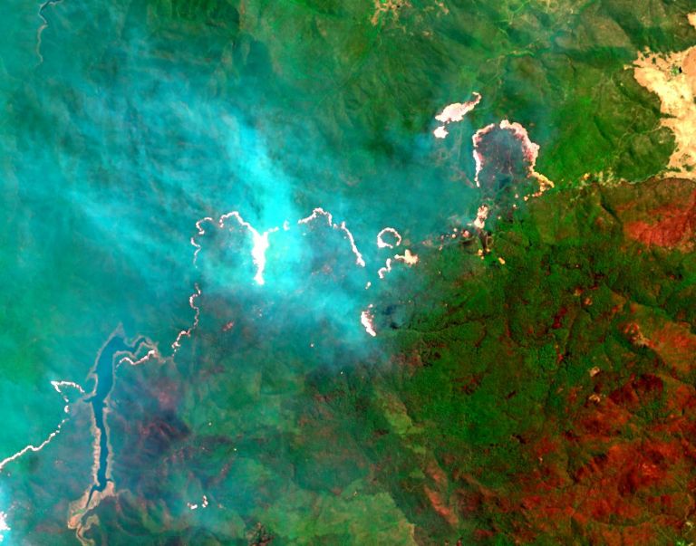 Abstract landscape image featuring wiggly fire front as captured by satellite 