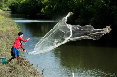 woman in red jacket throws white fishing net into calm river