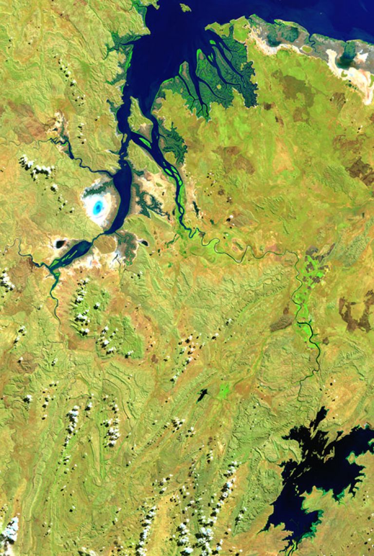 Abstract landscape image featuring blue water on green land as captured by satellite
